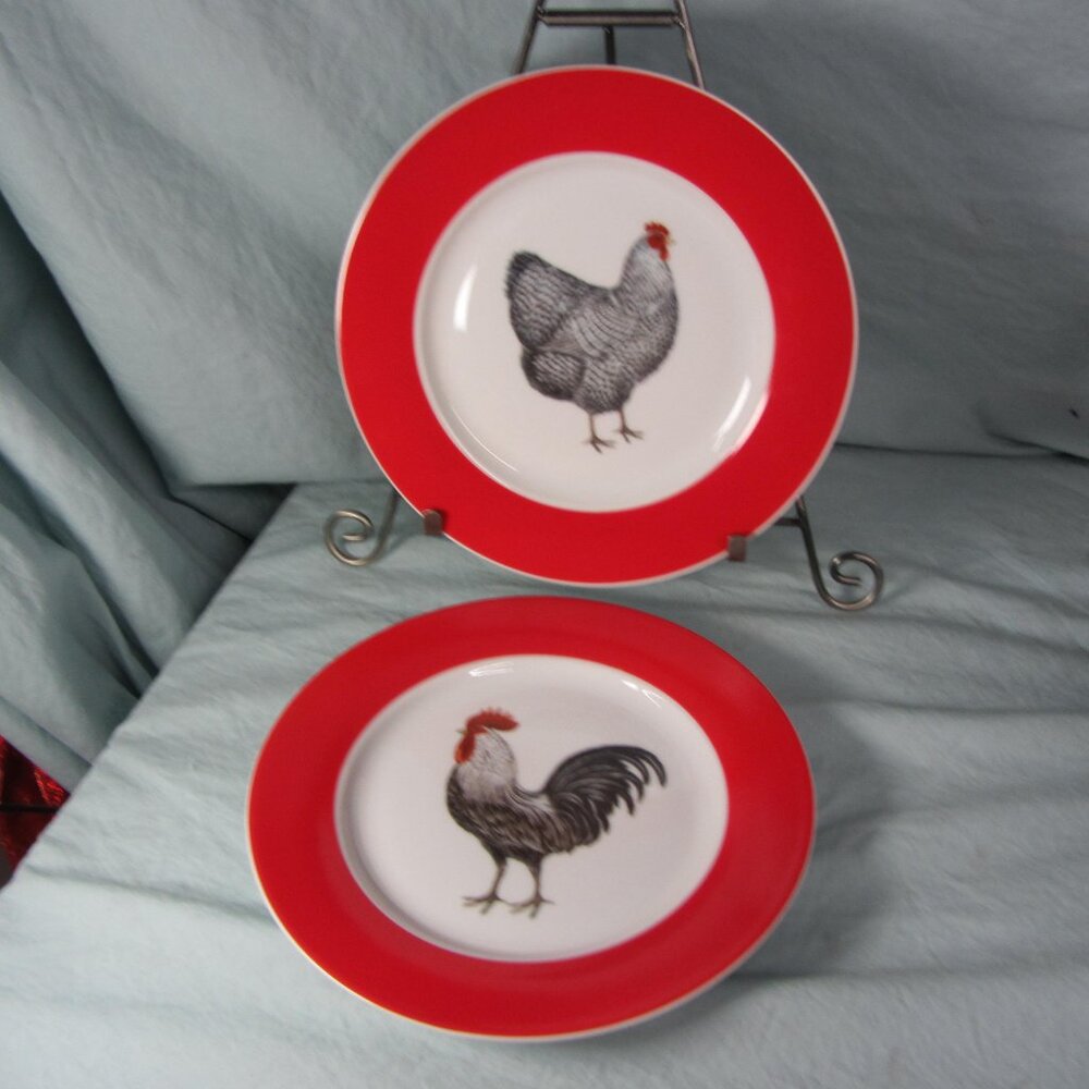rooster & hen farmhouse plates Mary Lake-Thompson cottagecore (w2659)